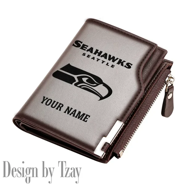 Seattle Seahawks Men Zipper Closure Short Bifold Leather Card Holder SPTMZCSBLCH029 - Image 2