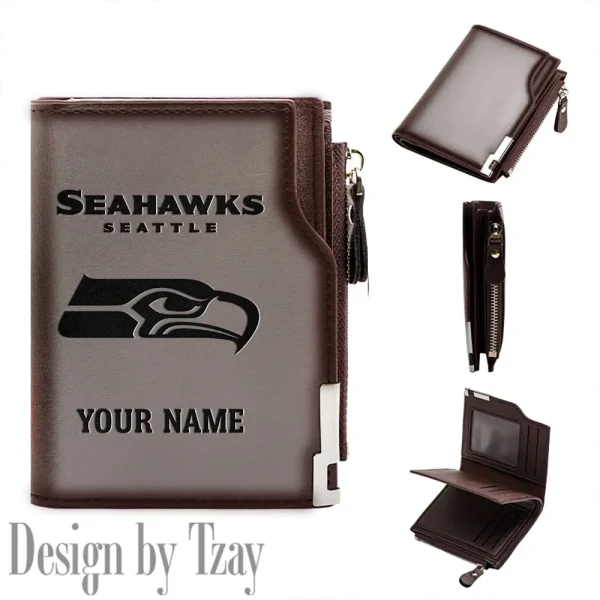Seattle Seahawks Men Zipper Closure Short Bifold Leather Card Holder SPTMZCSBLCH029