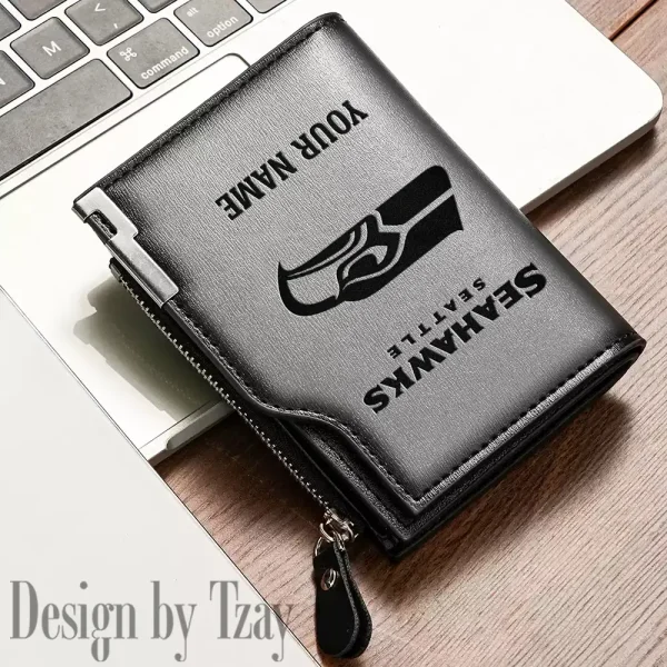 Seattle Seahawks Men Zipper Closure Short Bifold Leather Card Holder SPTMZCSBLCH029 - Image 3