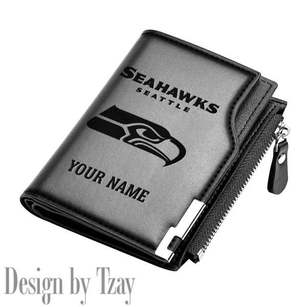 Seattle Seahawks Men Zipper Closure Short Bifold Leather Card Holder SPTMZCSBLCH029 - Image 5