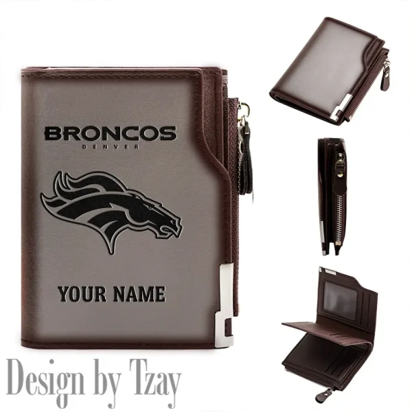Denver Broncos Men Zipper Closure Short Bifold Leather Card Holder SPTMZCSBLCH010
