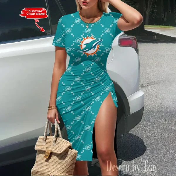 Miami Dolphins Women's Slit Bodycon Dress New 2025 S9SBD152