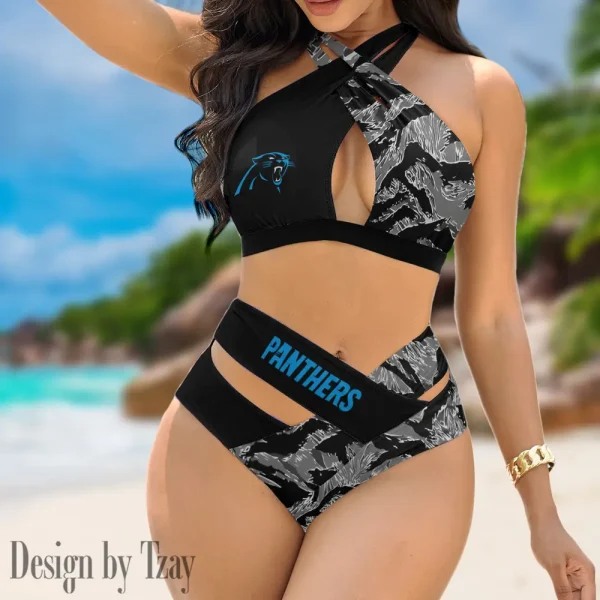 Carolina Panthers Women's 2PCS Bikini Swimsuit Criss Cross Cutout Bathing Suit S9BCCB177