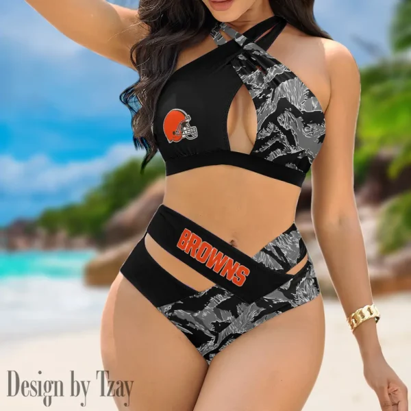 Cleveland Browns Women's 2PCS Bikini Swimsuit Criss Cross Cutout Bathing Suit S9BCCB180
