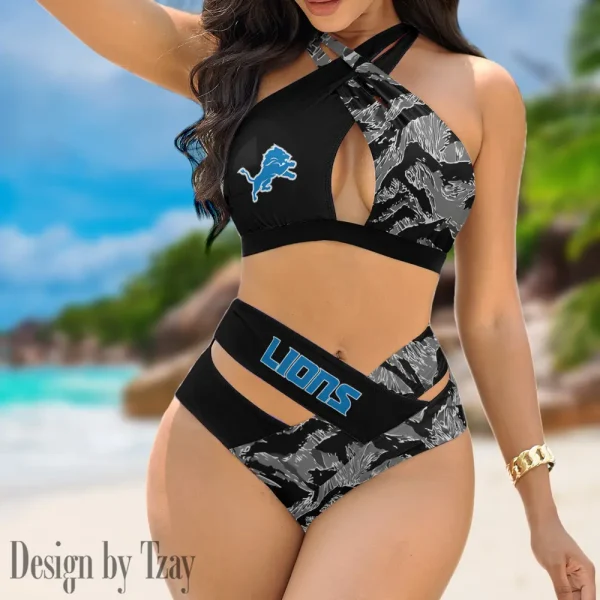 Detroit Lions Women's 2PCS Bikini Swimsuit Criss Cross Cutout Bathing Suit S9BCCB183