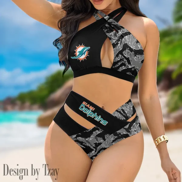 Miami Dolphins Women's 2PCS Bikini Swimsuit Criss Cross Cutout Bathing Suit S9BCCB192