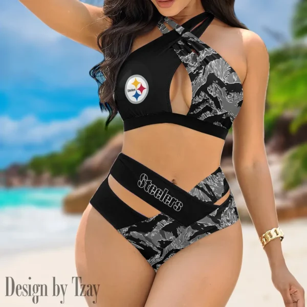 Pittsburgh Steelers Women's 2PCS Bikini Swimsuit Criss Cross Cutout Bathing Suit S9BCCB199