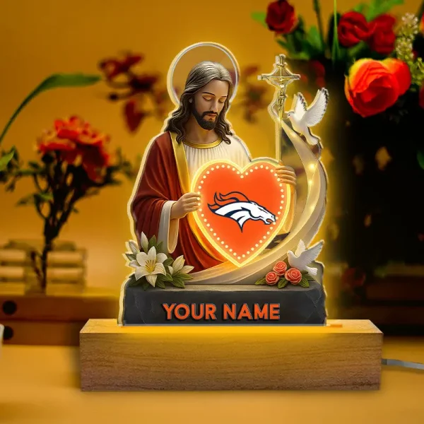 Denver Broncos Football US Team And Jesus Night Led Light Custom Name Best Gift For Fan AZALNL039