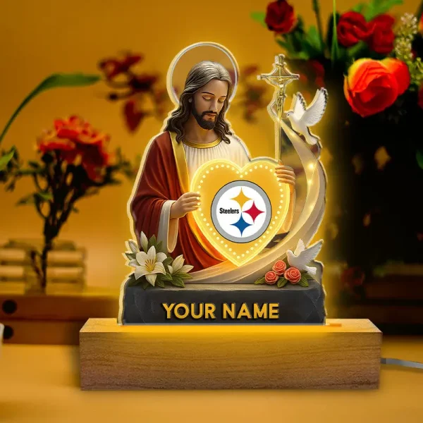 Pittsburgh Steelers Football US Team And Jesus Night Led Light Custom Name Best Gift For Fan AZALNL040