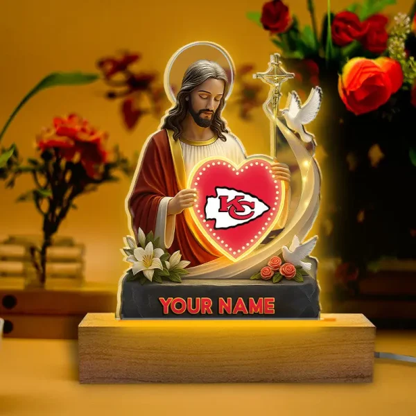 Kansas City Chiefs Football US Team And Jesus Night Led Light Custom Name Best Gift For Fan AZALNL044