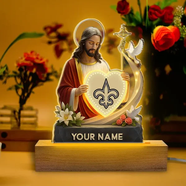 New Orleans Saints Football US Team And Jesus Night Led Light Custom Name Best Gift For Fan AZALNL047