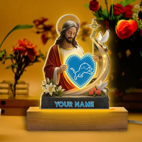 Detroit Lions Football US Team And Jesus Night Led Light Custom Name Best Gift For Fan AZALNL048