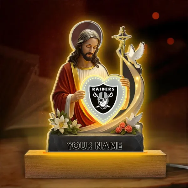 Las Vegas Raiders Football US Team And Jesus Night Led Light Custom Name Best Gift For Fan AZALNL050 - Image 2