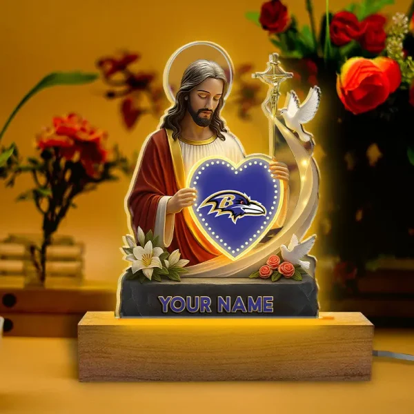 Baltimore Ravens Football US Team And Jesus Night Led Light Custom Name Best Gift For Fan AZALNL051