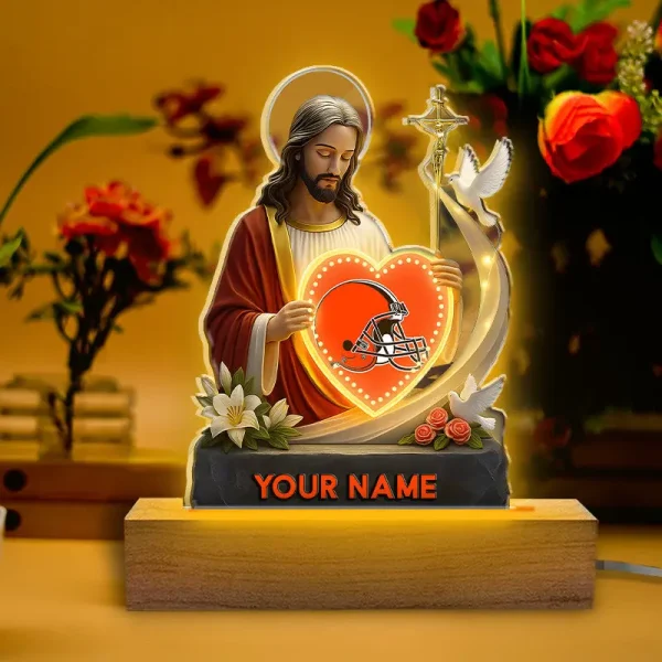 Cleveland Browns Football US Team And Jesus Night Led Light Custom Name Best Gift For Fan AZALNL053