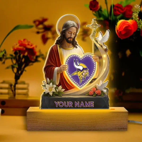 Minnesota Vikings Football US Team And Jesus Night Led Light Custom Name Best Gift For Fan AZALNL054