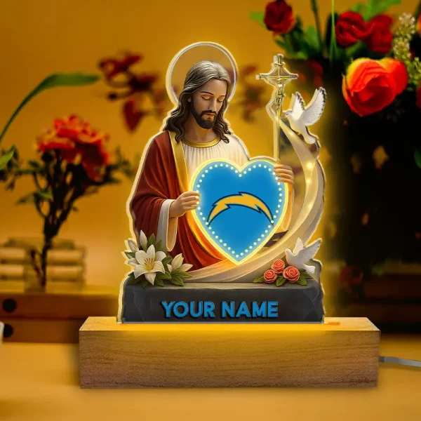 Los Angeles Chargers Football US Team And Jesus Night Led Light Custom Name Best Gift For Fan AZALNL059