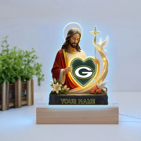 Green Bay Packers Football US Team And Jesus Night Led Light Custom Name Best Gift For Fan AZALNL060 - Image 2