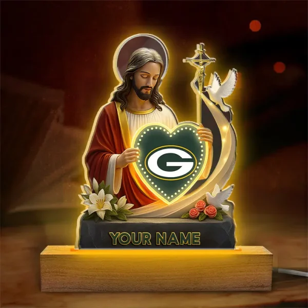 Green Bay Packers Football US Team And Jesus Night Led Light Custom Name Best Gift For Fan AZALNL060 - Image 3