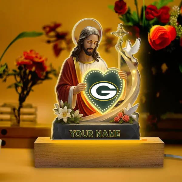 Green Bay Packers Football US Team And Jesus Night Led Light Custom Name Best Gift For Fan AZALNL060