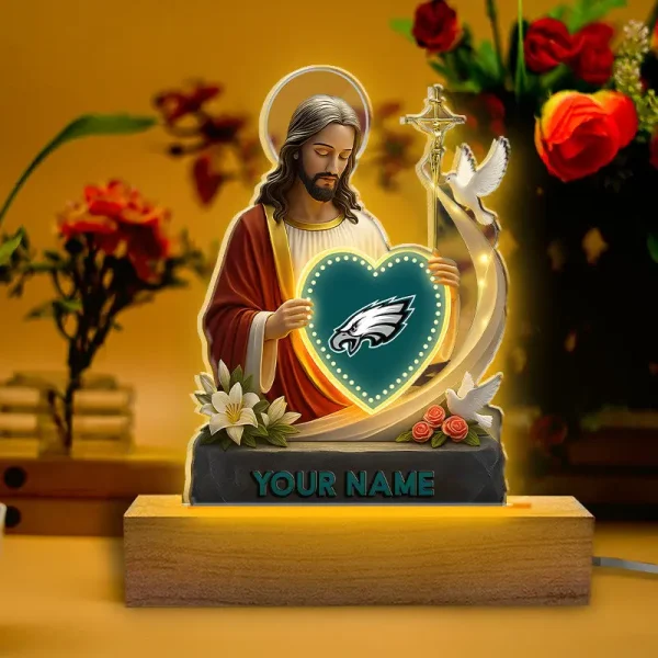 Philadelphia Eagles Football US Team And Jesus Night Led Light Custom Name Best Gift For Fan AZALNL061