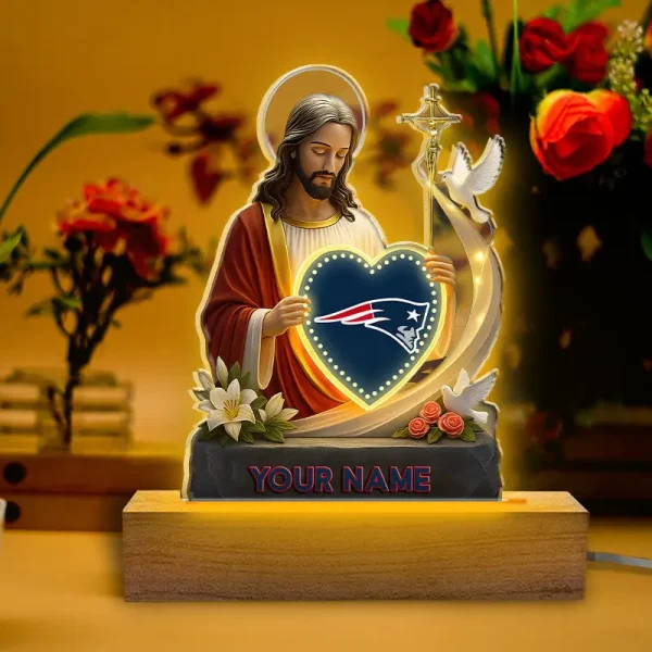 New England Patriots Football US Team And Jesus Night Led Light Custom Name Best Gift For Fan AZALNL066