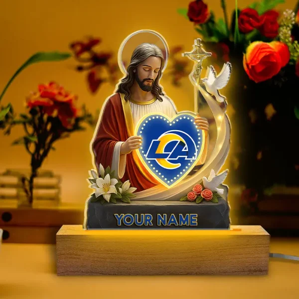 Los Angeles Rams Football US Team And Jesus Night Led Light Custom Name Best Gift For Fan AZALNL068