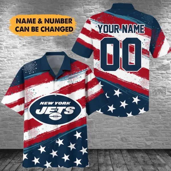 New York Jets Football US Independence Day Hawaiian Shirt Custom Any Name And Number Best Gift For Fan AZHWS1071