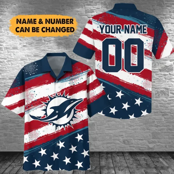 Miami Dolphins Football US Independence Day Hawaiian Shirt Custom Any Name And Number Best Gift For Fan AZHWS1074