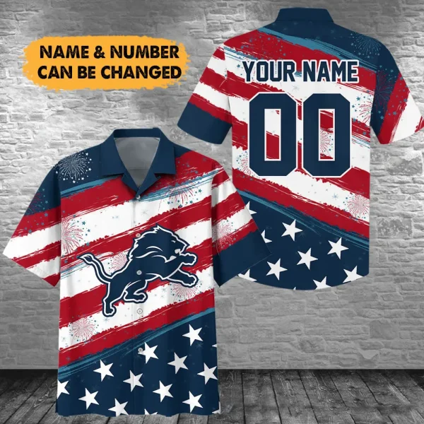 Detroit Lions Football US Independence Day Hawaiian Shirt Custom Any Name And Number Best Gift For Fan AZHWS1084