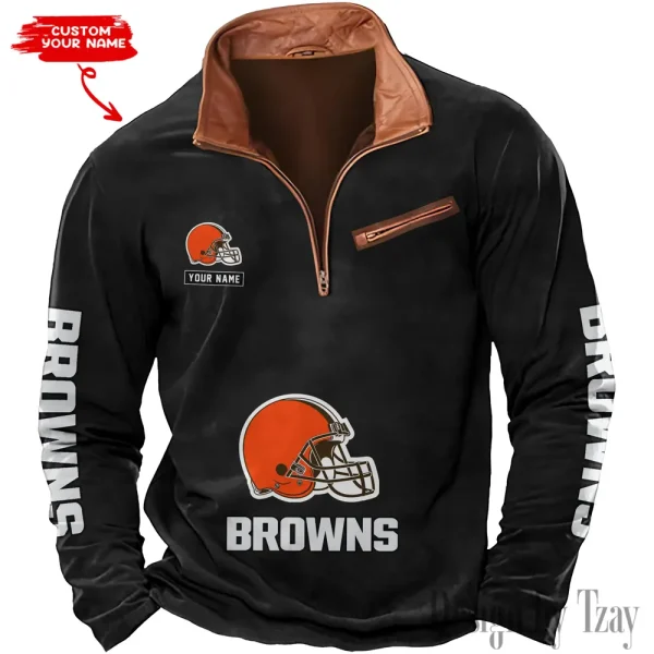 Cleveland Browns New Polo Outdoor Casual Daily Streetwear Long Sleeve Turndown Zip SPTZSW040