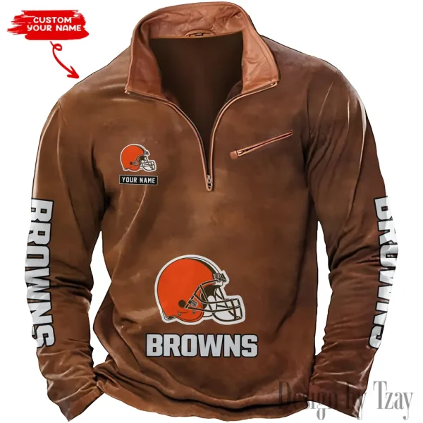 Cleveland Browns New Polo Outdoor Casual Daily Streetwear Long Sleeve Turndown Zip SPTZSW040 - Image 2