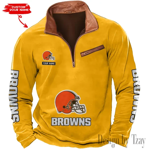 Cleveland Browns New Polo Outdoor Casual Daily Streetwear Long Sleeve Turndown Zip SPTZSW040 - Image 3