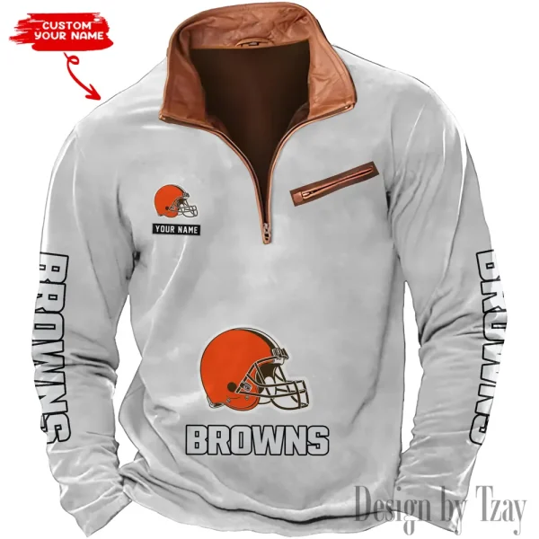 Cleveland Browns New Polo Outdoor Casual Daily Streetwear Long Sleeve Turndown Zip SPTZSW040 - Image 5