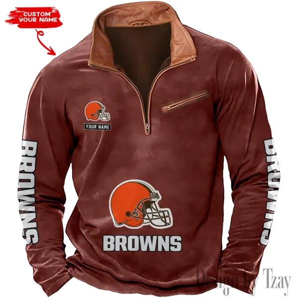 Cleveland Browns New Polo Outdoor Casual Daily Streetwear Long Sleeve Turndown Zip SPTZSW040 - Image 7