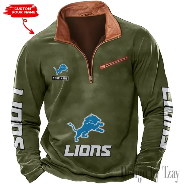 Detroit Lions New Polo Outdoor Casual Daily Streetwear Long Sleeve Turndown Zip SPTZSW043 - Image 4