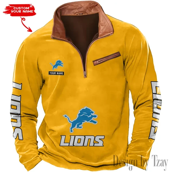 Detroit Lions New Polo Outdoor Casual Daily Streetwear Long Sleeve Turndown Zip SPTZSW043 - Image 6