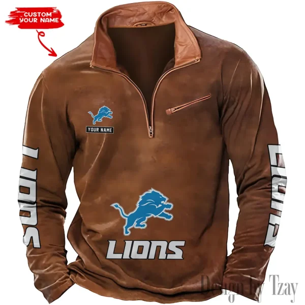 Detroit Lions New Polo Outdoor Casual Daily Streetwear Long Sleeve Turndown Zip SPTZSW043 - Image 7