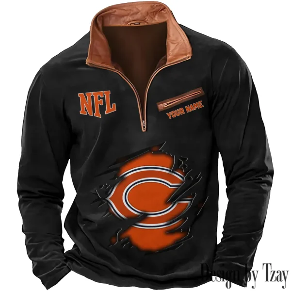 Chicago Bears New Polo Outdoor Casual Daily Streetwear Long Sleeve Turndown Zip SPTZSW006