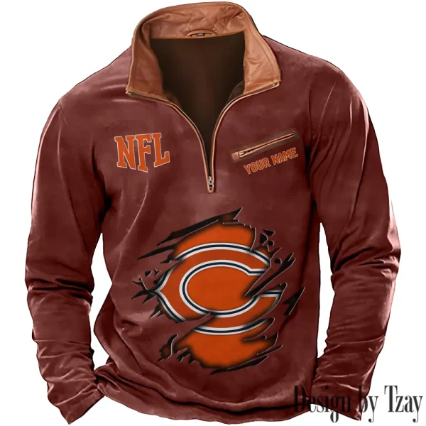Chicago Bears New Polo Outdoor Casual Daily Streetwear Long Sleeve Turndown Zip SPTZSW006 - Image 2