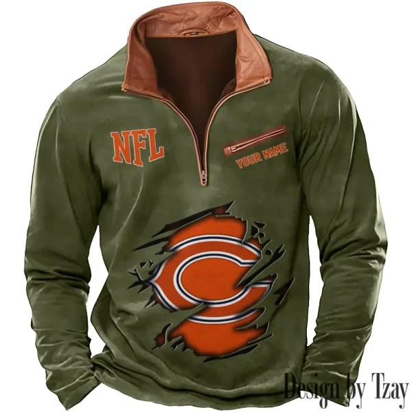 Chicago Bears New Polo Outdoor Casual Daily Streetwear Long Sleeve Turndown Zip SPTZSW006 - Image 3