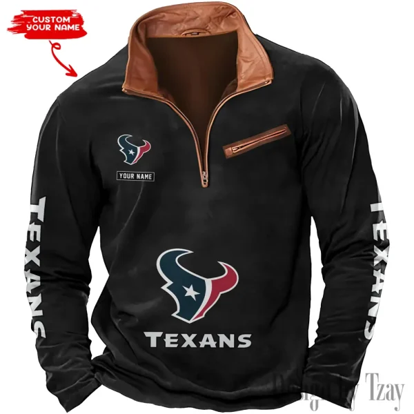 Houston Texans New Polo Outdoor Casual Daily Streetwear Long Sleeve Turndown Zip SPTZSW045