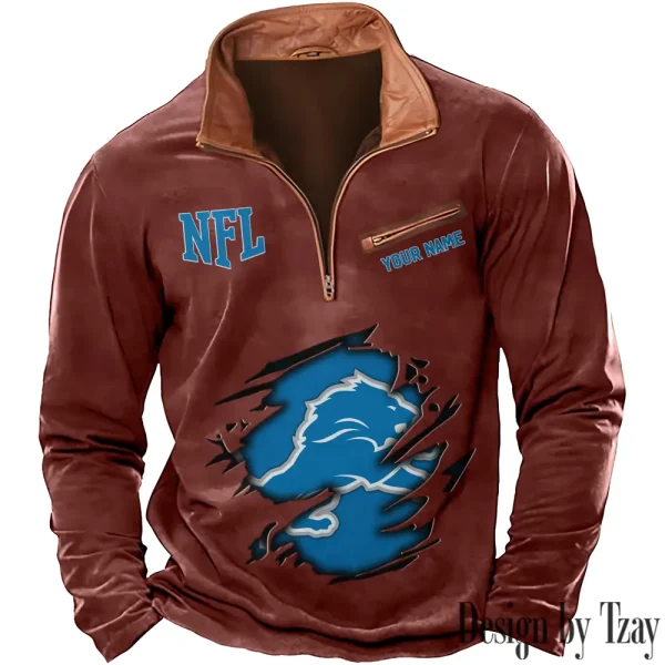 Detroit Lions New Polo Outdoor Casual Daily Streetwear Long Sleeve Turndown Zip SPTZSW011 - Image 2