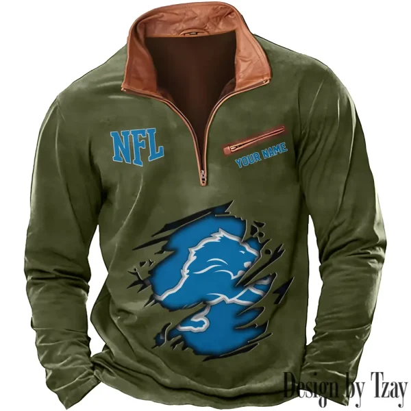 Detroit Lions New Polo Outdoor Casual Daily Streetwear Long Sleeve Turndown Zip SPTZSW011 - Image 3