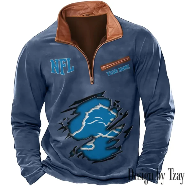 Detroit Lions New Polo Outdoor Casual Daily Streetwear Long Sleeve Turndown Zip SPTZSW011