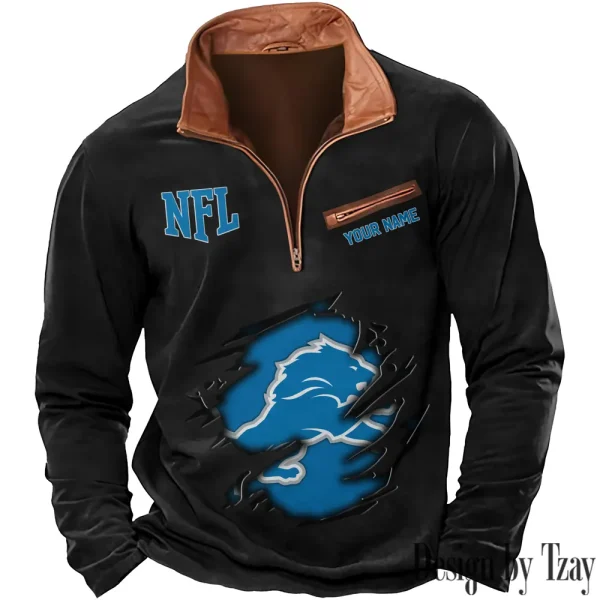 Detroit Lions New Polo Outdoor Casual Daily Streetwear Long Sleeve Turndown Zip SPTZSW011 - Image 5