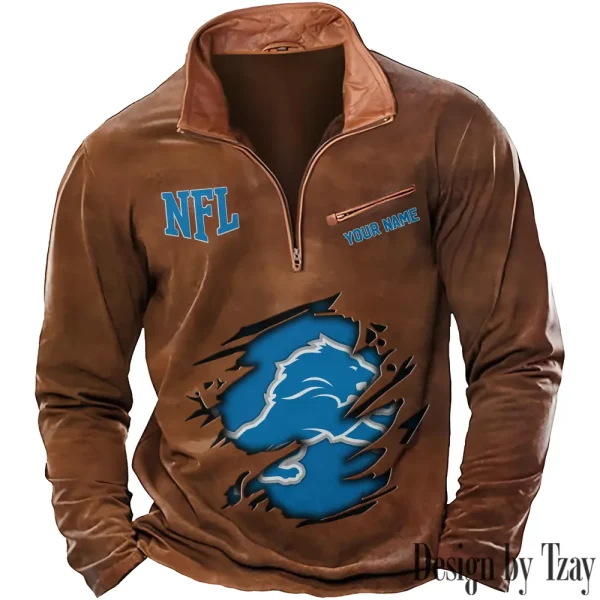 Detroit Lions New Polo Outdoor Casual Daily Streetwear Long Sleeve Turndown Zip SPTZSW011 - Image 6