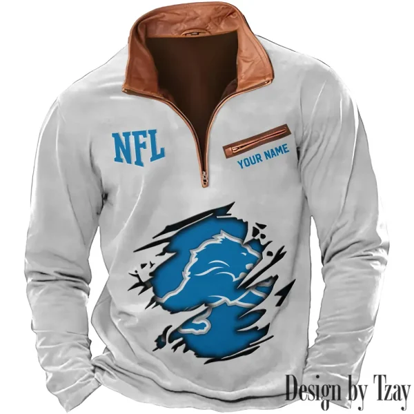 Detroit Lions New Polo Outdoor Casual Daily Streetwear Long Sleeve Turndown Zip SPTZSW011 - Image 7