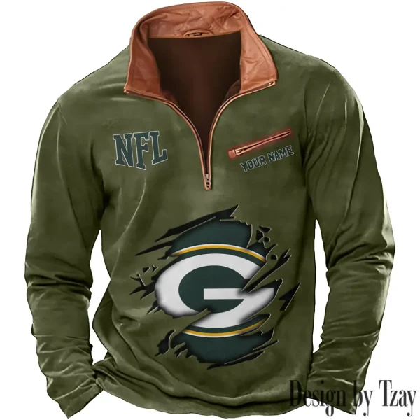 Green Bay Packers New Polo Outdoor Casual Daily Streetwear Long Sleeve Turndown Zip SPTZSW012