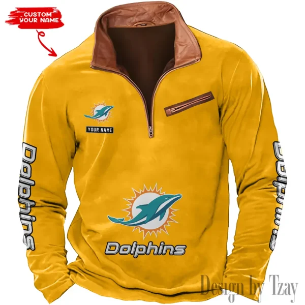 Miami Dolphins New Polo Outdoor Casual Daily Streetwear Long Sleeve Turndown Zip SPTZSW052 - Image 3